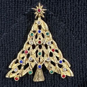Vintage Gold-Tone Jeweled Christmas Tree Brooch
